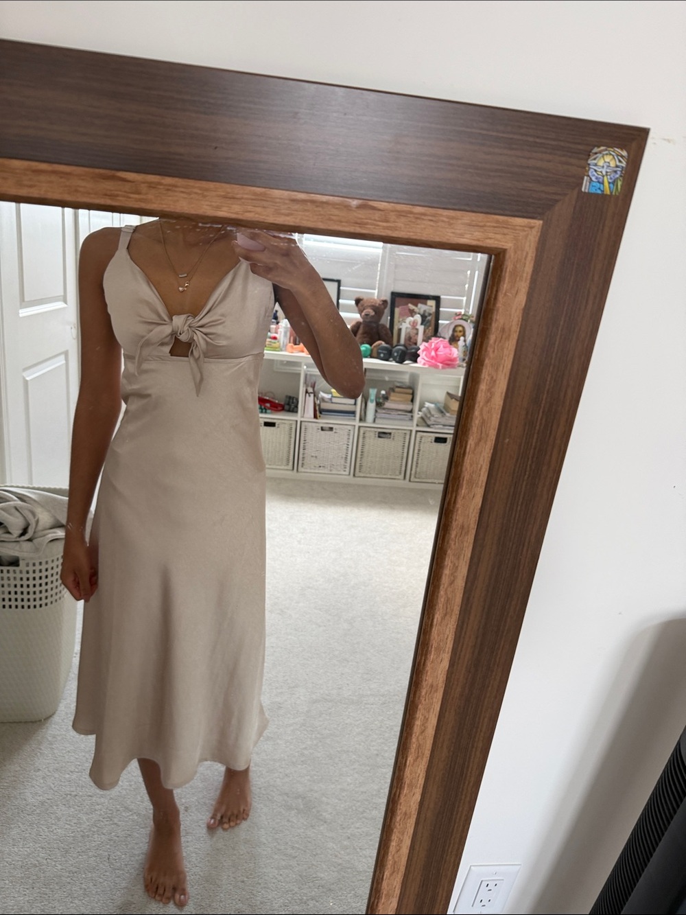 Francesca's Collections Beige Tie-Front Midi Dress